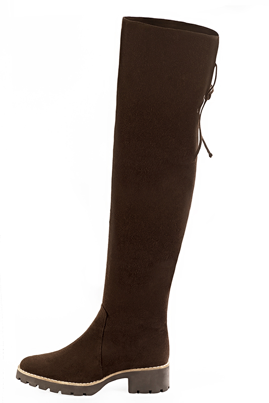 Dark brown women's leather thigh-high boots. Round toe. Low rubber soles. Made to measure. Profile view - Florence KOOIJMAN